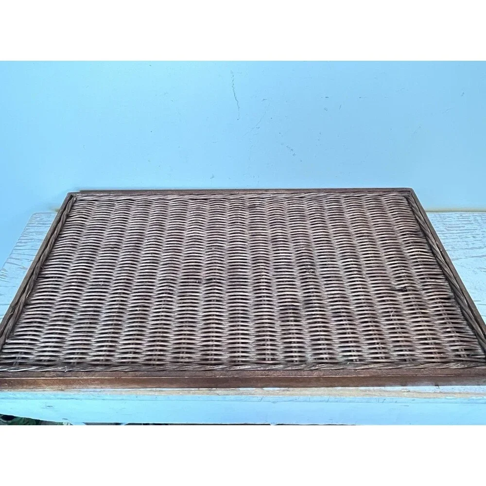 Vintage Deep Brown Rectangular Wicker Rattan And Wooden Serving Breakfast Tray